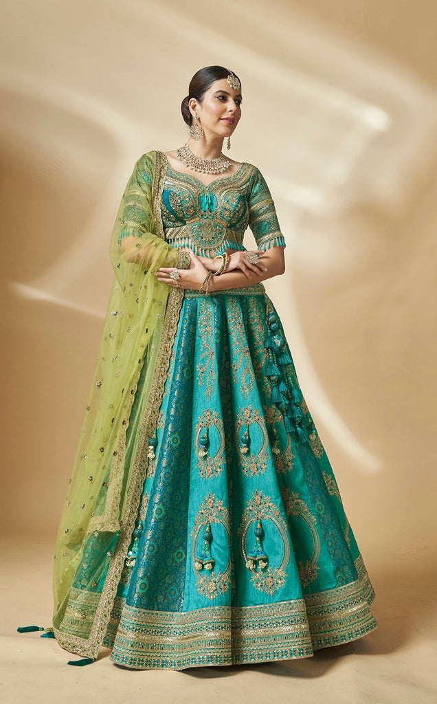 Turquoise Pure Silk Hand Work Umbrella Lehenga Wedding Wear