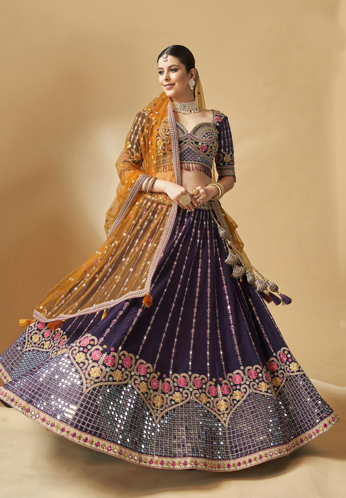 Purple Mirror Embellished Floral Embroidered Lehenga Set With Blouse And Dupatta