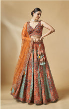 Load image into Gallery viewer, Sea Green and Orange Embroidered Art Silk Lehenga