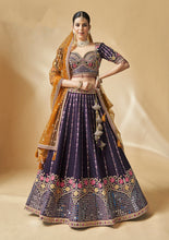 Load image into Gallery viewer, Purple Mirror Embellished Floral Embroidered Lehenga Set With Blouse And Dupatta